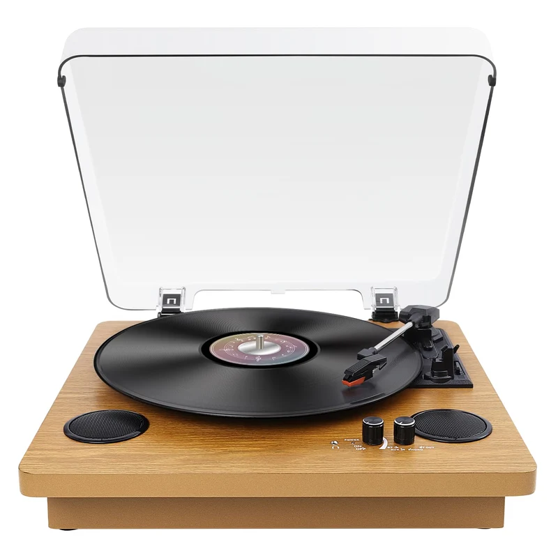 VIFLYKOO Bluetooth Vintage Vinile Giradischi 3 Velocità 33/45/78 RPM con 2 Altoparlanti Integrati e Encoder Digitale, Trasmissione a Cinghia, RCA/AUX/Cuffia/LP -Legno Naturale