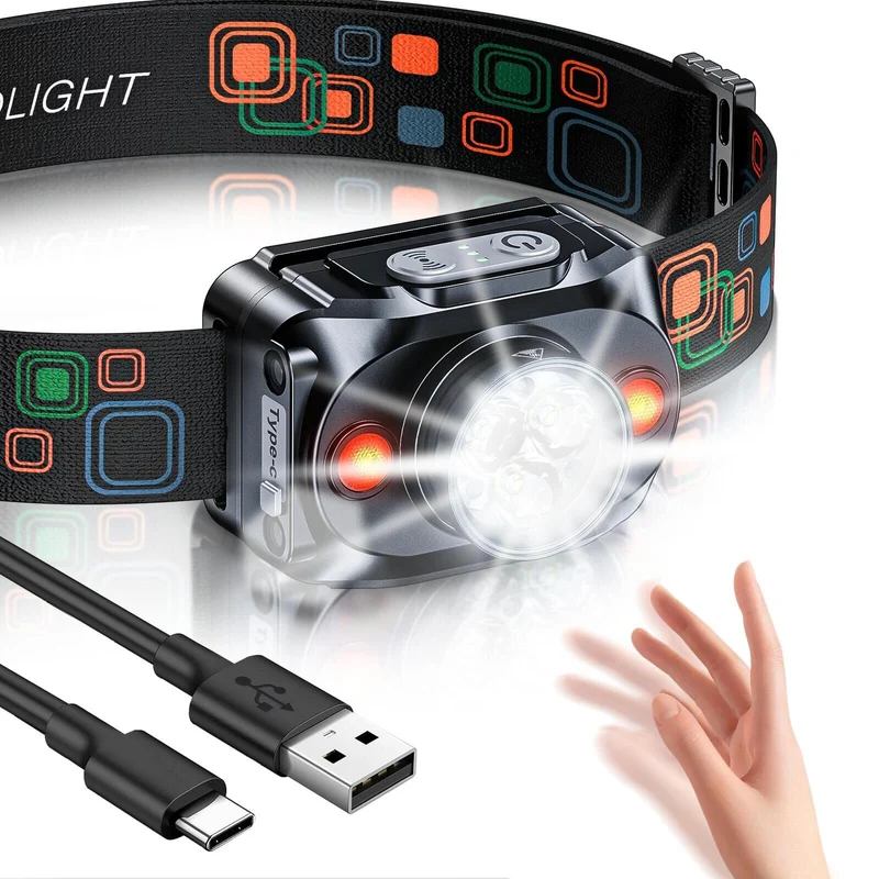 Rolgno Torcia Frontale LED Ricaricabile, [Ultra Luminosa] Lampada Frontale con Sensore di Movimento, 6 Modalità di Illuminazione & Impermeabile IPX4, 15H Autonomia per Corsa Notturna, Campeggio, Pesca
