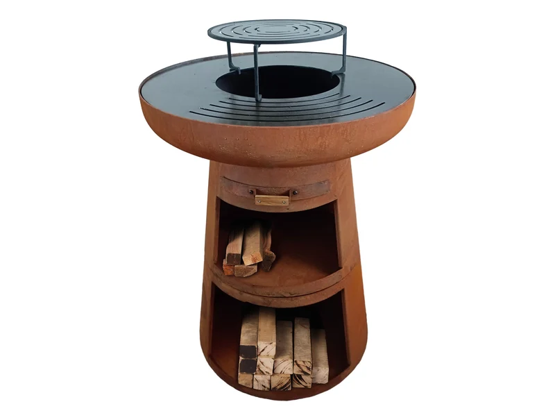 Barbecue rotondo con piastra rotonda in acciaio e griglia in acciaio corten