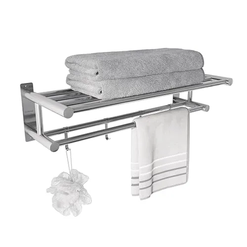 Eridanus Porta Asciugamani Bagno, Portasciugamani da Parete con Mensole Doppia in Accaio Inox SUS304, Mensola Portasciugamani con Ganci, Lucido, Scaffale Barre, Stile Hotel - 60 x 22,5 x 16 cm