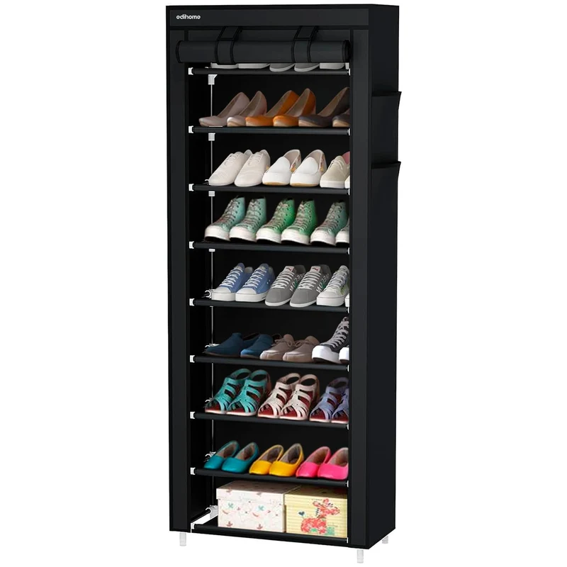 edihome, Scarpiera Salvaspazio, di Tessuto a 10 ripiani, (58 x 28 x 162 cm), Scaffale Portascarpe con Copertura, per Scarpe da Ginnastica, Ciabatte, Tacchi Alti (Nero)