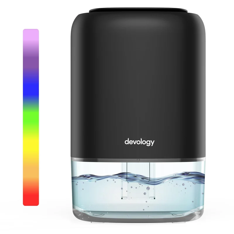 Devology Mini Deumidificatore Portatile Compatto da 1100 ml - Efficienza Elettrica - Elimina Muffa, Umidità e Condensa per Casa - Super Silenzioso <30dB 7 Colori di Illuminazione d'Ambiente a LED