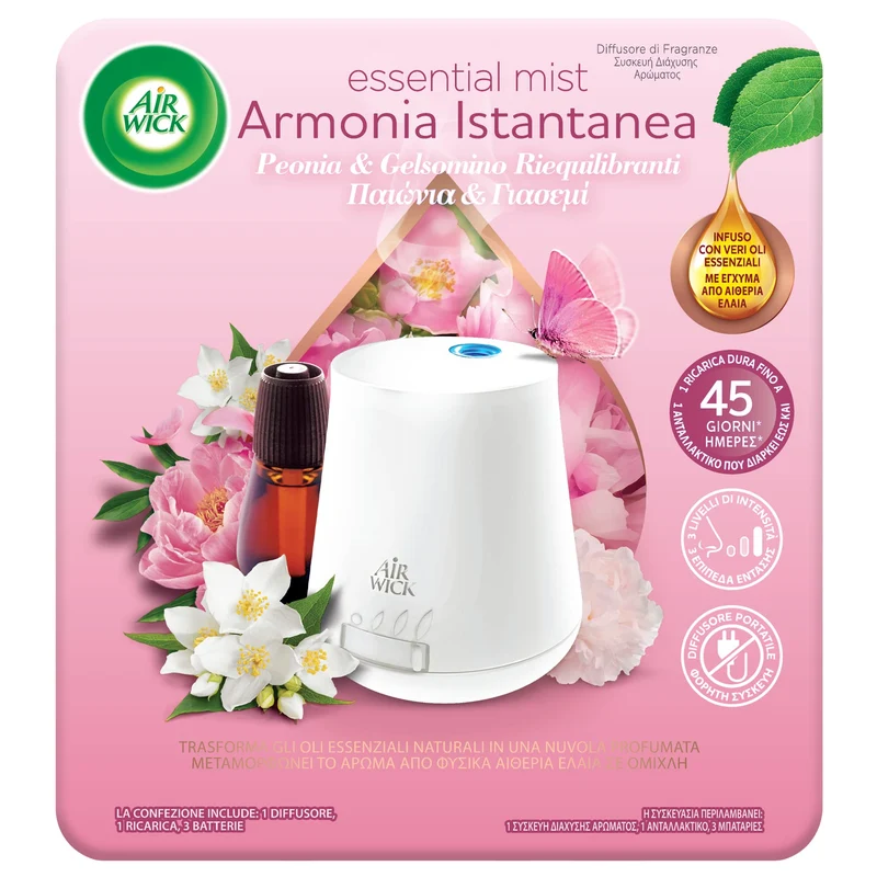 Airwick Armonia Istantanea, Confezione con 1 Diffusore di Oli Essenziali e 1 Ricarica alla Fragranza di Peonia e Gelsomino Riequilibranti
