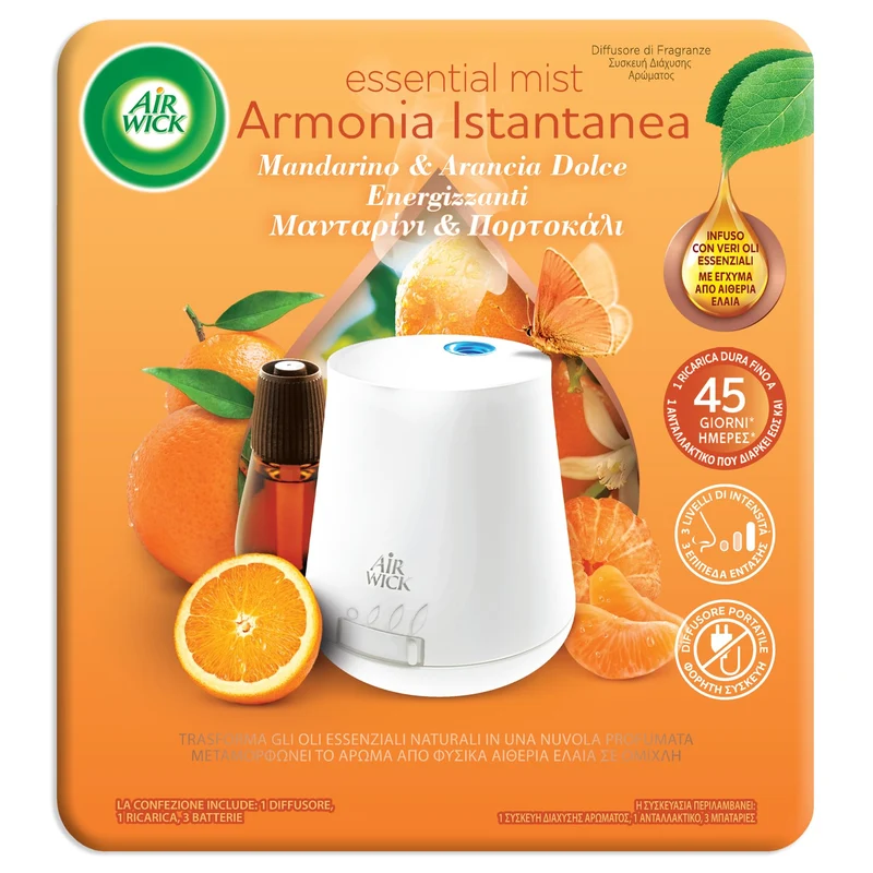 Airwick Armonia Istantanea, Confezione con 1 Diffusore di Oli Essenziali e 1 Ricarica alla Fragranza di Mandarino e Arancia Dolce Energizzanti