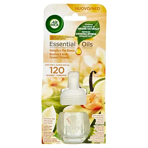 Airwick Confezione da 6 Ricariche per Diffusore Elettrico di Oli Essenziali alla Fragranza di Vaniglia e Thè Bianco, Profumatore per Ambienti