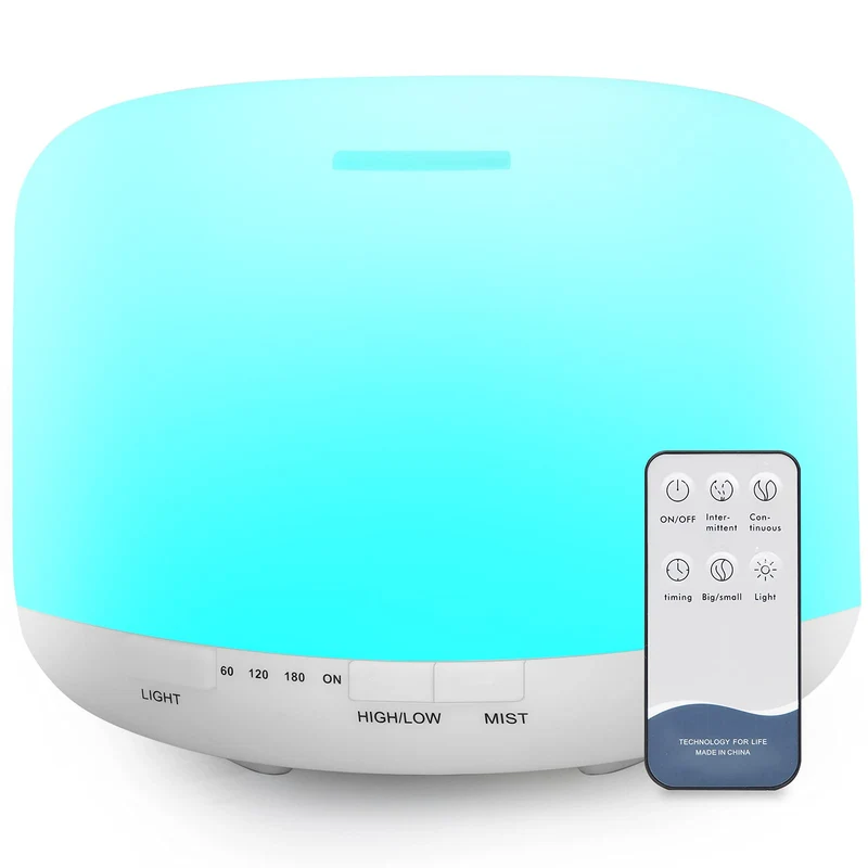 500ml Diffusore di Oli Essenziali, Senza BPA Umidificatore ad Ultrasuoni con Telecomando e 7 Diverse Luci Mutevoli -Spegnimento Automatico Senza Acqua