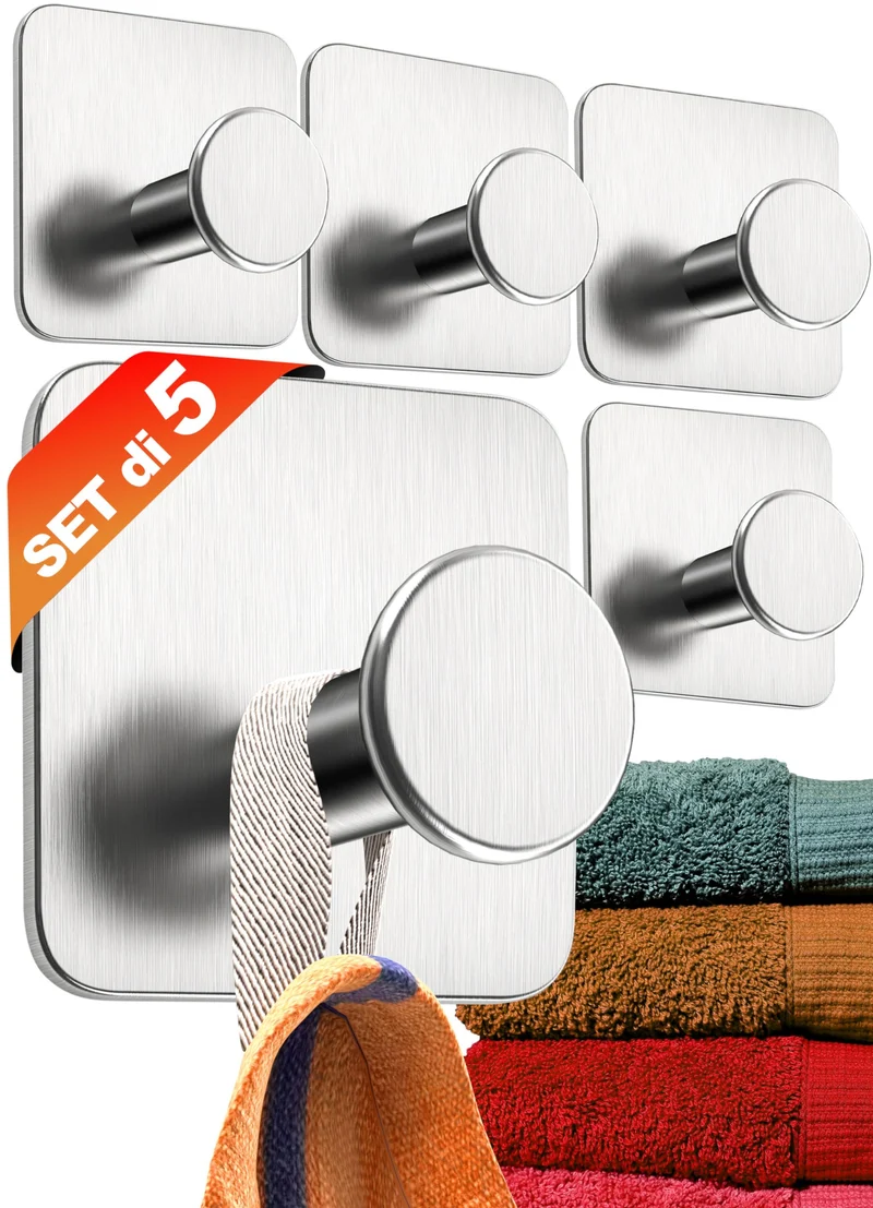 4smile ganci adesivi acciaio inox - SET 5 appendi porta asciugamani inox bagno antiruggine ganci adesivi - accappatoio bagno di alta