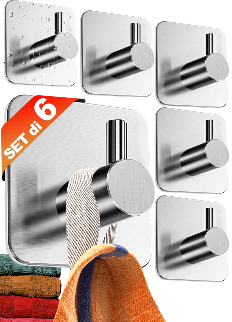 4smile ganci adesivi acciaio inox - SET 6 appendi porta asciugamani inox bagno antiruggine ganci adesivi - accappatoio bagno di alta