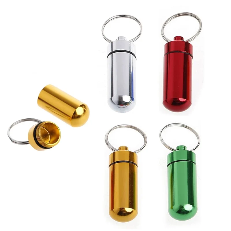 4 Mini Porta Pillole in Alluminio Rosso/Verde/Oro/Bianco - Portapillole Portachiavi - Capsula - 5,2x1,4cm - Scatolina Porta Medicinali da Viaggio in Salute e Cura Della Persona per All'aperto