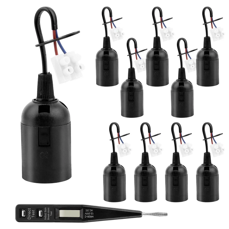 10 Pezzi Portalampada E27 Portalampade Porta Lampade E27 Porta Lampada E27 con Cavo E27 Portalampada Porta Lampadina Porta Lampada per Bottiglia con 1 Pezzi Tester di Tensione | Nero