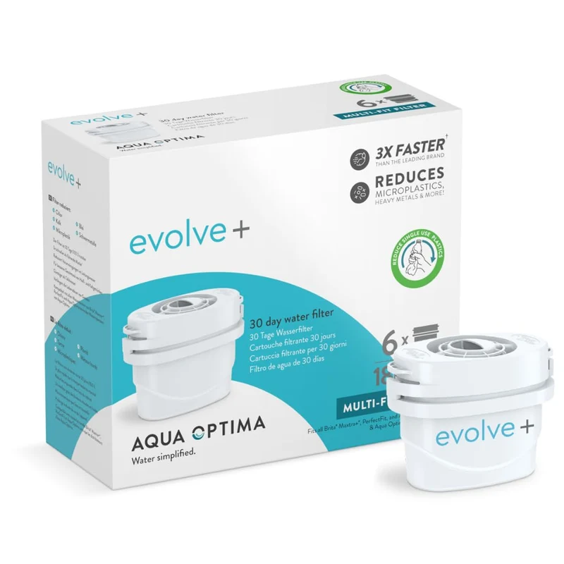 Cartuccia filtro acqua Aqua Optima, confezione da 6 (fornitura per 6 mesi), Evolve+, compatibile con Brita Maxtra, Maxtra+ e PerfectFit, sistema di filtraggio