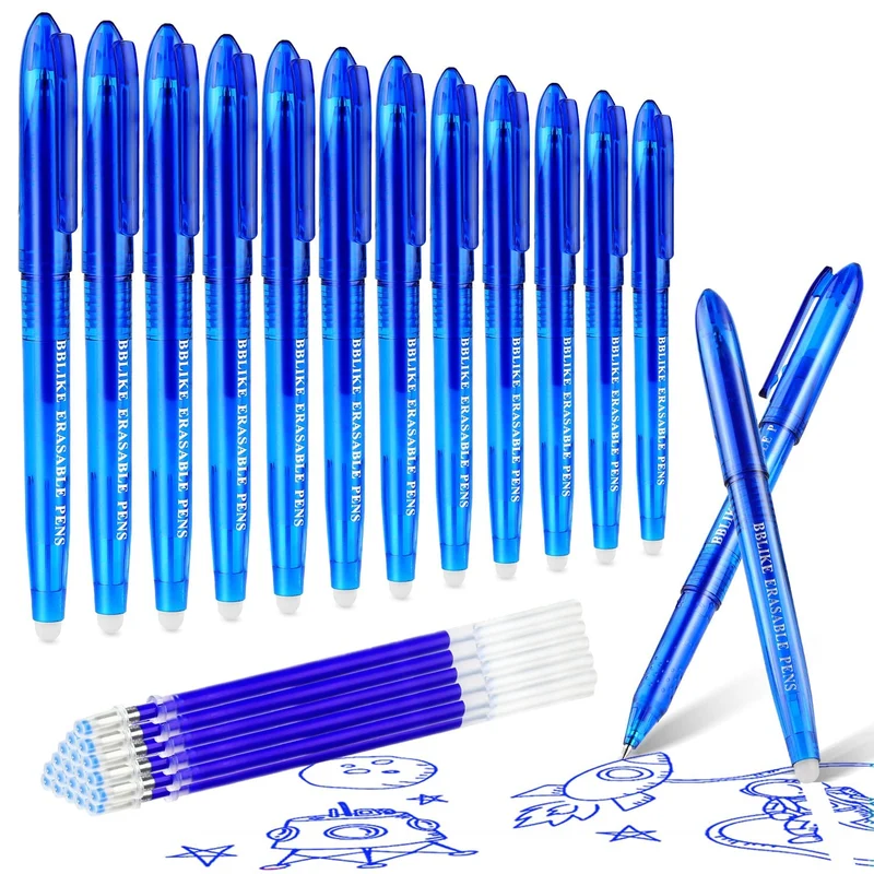 BBLIKE Penna a sfera cancellabile, 12 penne gel e 20 penne Friction da 0,7 mm, punta in gel con gomma (blu)