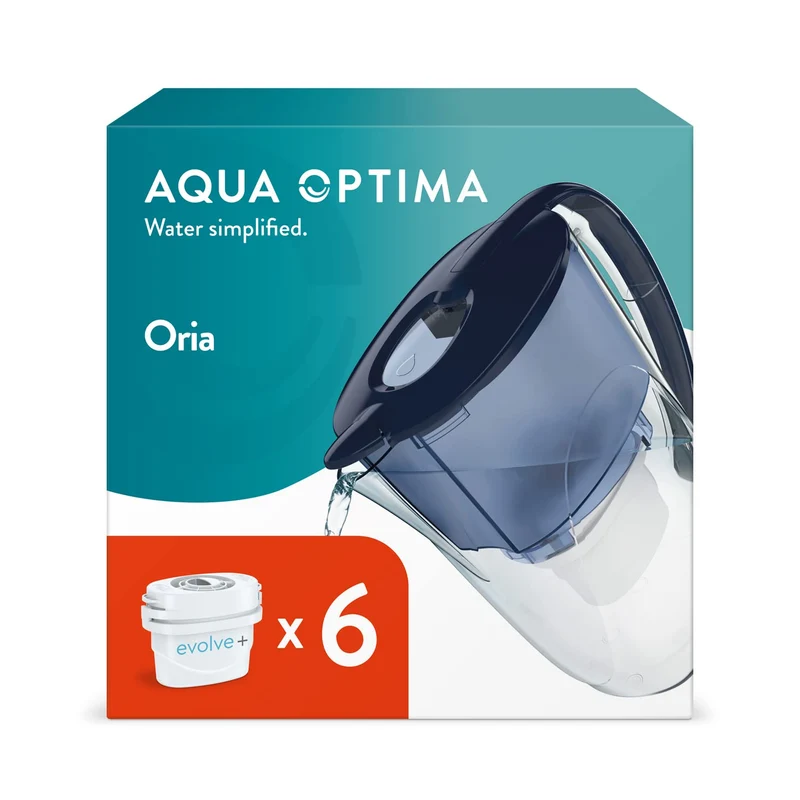 Aqua Optima Oria Caraffa Filtro Acqua e Cartucce Filtro Acqua 6 x 30 Giorni Evolve+, capacità 2,8 litri, per Riduzione di Microplastiche, Cloro, Calcare e Impurità, Blu