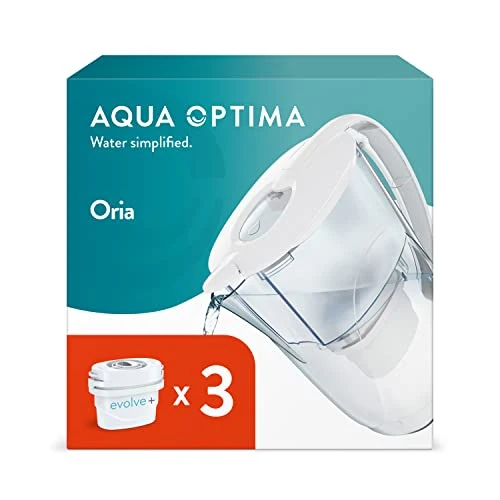Aqua Optima Oria Caraffa Filtro Acqua e Cartucce Filtro Acqua 3 x 30 Giorni Evolve+, capacità 2,8 litri, per Riduzione di Microplastiche, Cloro, Calcare e Impurità, Blanco