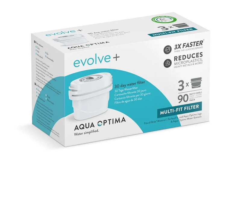 Aqua Optima Cartuccia Filtro, confezione da 3 Evolve+ (fornitura per 3 mesi), compatibile con Brita Maxtra+ e PerfectFit, sistema di filtraggio a 5 fasi che riduce cloro, calcare e altre impurità