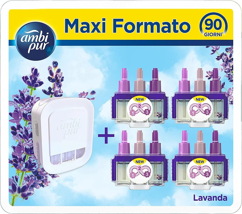 Ambi Pur 3Volution Profumatore per Ambienti, Diffusore Elettrico e 4 Ricariche, Fragranza Lavanda, tecnologia Elimina Odori, Fino a 90 Giorni di Profumo per Ricarica