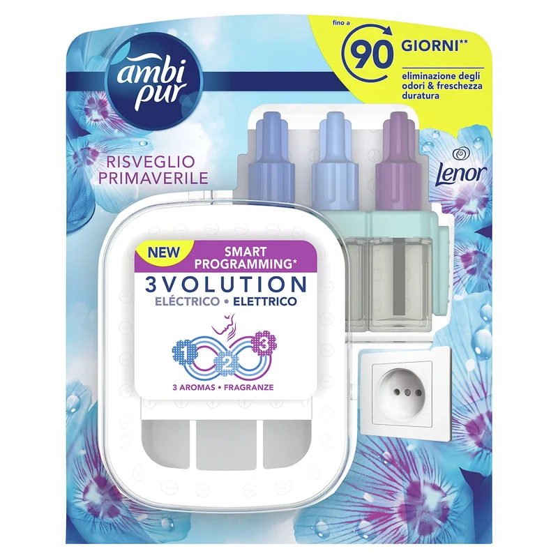 Ambi Pur Profumatore per Ambienti, 1 Diffusore Elettrico Ambiente e 1 Ricarica, Fragranza Risveglio Primaverile, tecnologia Elimina Odori, Fino a 90 Giorni di Profumo per Ricarica