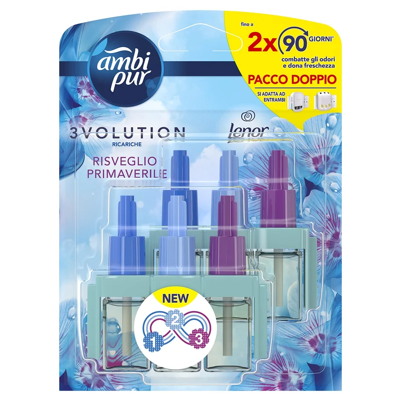 Ambi Pur 3Volution Profumatore per Ambienti, 2 Ricariche per Diffurore Elettrico, Fragranza Lenor Risveglio Primaverile, tecnologia Elimina Odori, Fino a 90 Giorni di Profumo per Ricarica