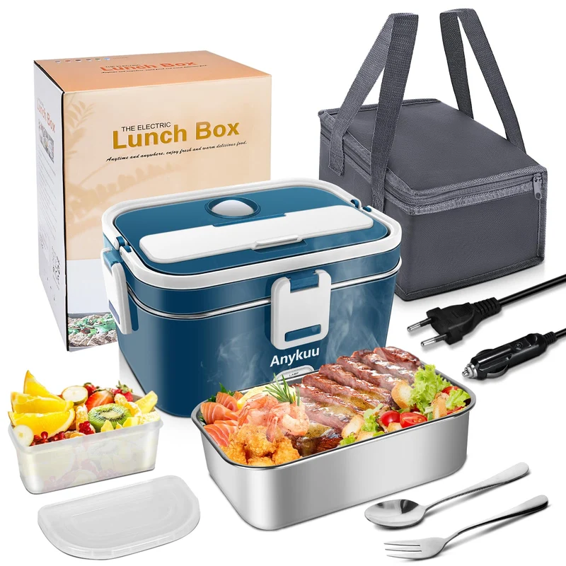 Anykuu 60 W Scaldavivande Elettrico Portatile 1.8L Porta Pranzo Termico 3 in 1(12V/24V/220V) per Auto Camion e Ufficio Lunch Box Riscaldatore 60W Scalda Vivande Portatile con Forchetta e Cucchiaio