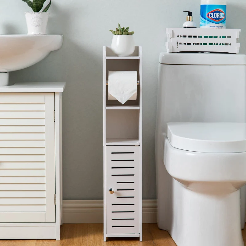 AOJEZOR Porta carta igienica, Colonnina con portarotolo, Piantana portarotolo e portascopino 2 in 1, Mobile Bagno, Bianco Realizzato (Bianco), PVC