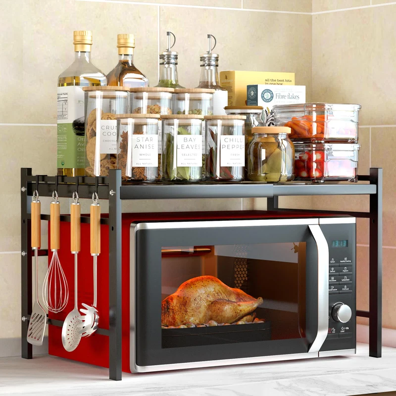 AMZJMT Scaffale microonde espandibile a 2 livelli,Struttura Regolabile e salvaspazio Mobile microonde cucina,Scaffale microonde verticale con 4 ganci a S, Scaffale cucina, Nero