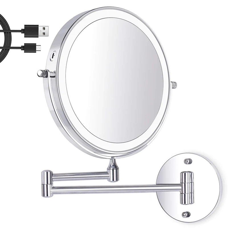 Amelar 8 Pollici Specchio Trucco con da Parete, Luci a 3 Colori Luminosità Regolabile Ricaricabile Tramite USB, Ingrandimento 1X/10X Rotazione a 360° Bifacciale Specchio Bagno, per Bagno e Hotel