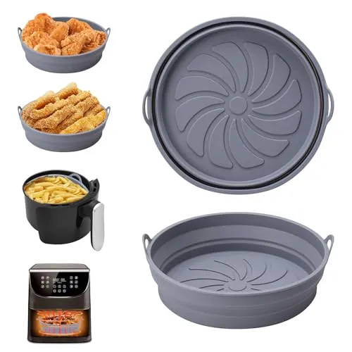 Alyvisun 2 Pezzi Accessori in Silicone per Air Fryer Teglie per Friggitrice ad Aria Contenitori Cestello Riutilizzabile Rotondo Tappetino Stampi per Airfryer, Microonde, Forno (Grigio)