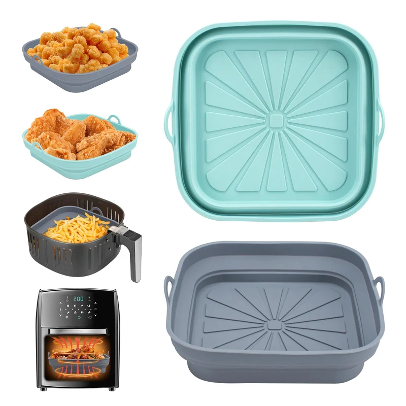 Alyvisun 2 Pezzi Silicone per Air Fryer Teglie Accessori per Friggitrice ad Aria Contenitori Cestello Riutilizzabile Quadrato Tappetino Stampi per Airfryer, Microonde, Forno (Blu+Grigio)