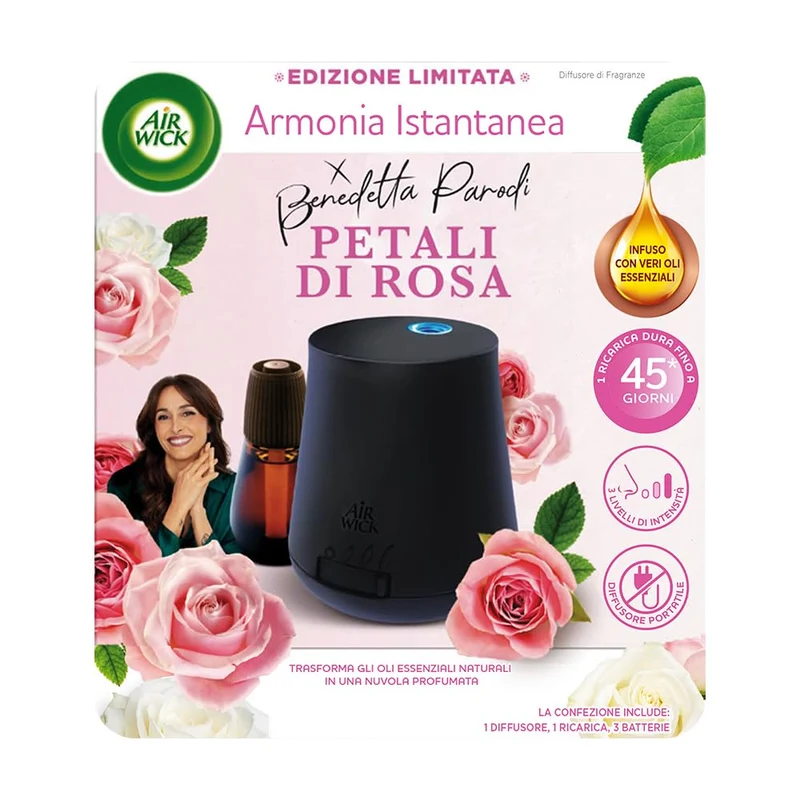 Airwick Armonia Istantanea, Confezione con kit completo Gadget 1 Diffusore di Oli Essenziali + 1 Ricarica alla Fragranza di Petali di Rosa