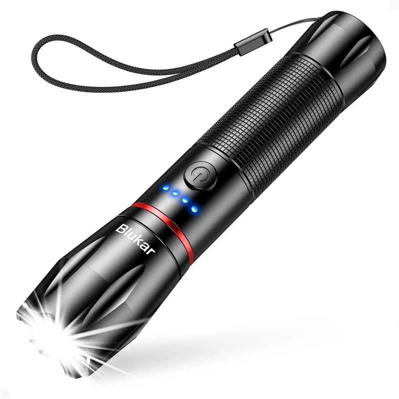 Blukar Torcia LED Ricaricabile, Super Luminoso Zoomabile Torcia Elettrica-5 Modalità di Illuminazione/Impermeabile/Alta Potenza/Portatile per Emergenza/Campeggio/Escursionismo(Nero)