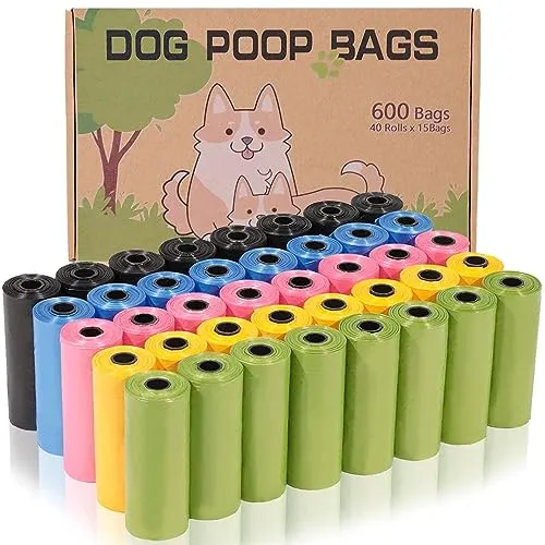 AiTodos® 600 pezzi Sacchetti Cane Cacca, 5 Colori, 31 * 22 cm, Materiale in Polietilene, Portatili-Nero, Blu, Verde, Giallo, Rosa (40 Rotoli, 15 per Rotolo)