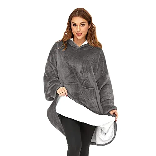 O³ Coperta con cappuccio, plaid con maniche, indossabile in pile, Felpa oversize donna, Blanket hoodie - Confortevole e morbido - Perfetto per le notti invernali sul divano (Grigio)