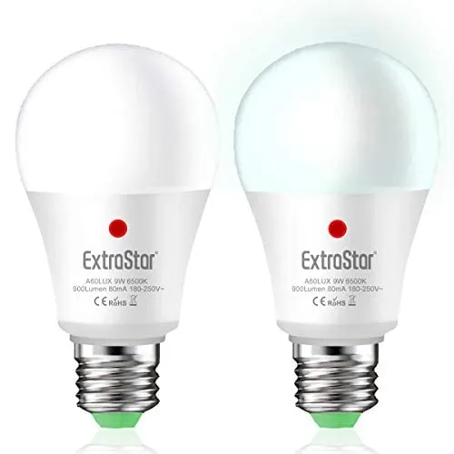 EXTRASTAR Lampadina Con Sensore, E27 Lampadine LED con Sensore Crepuscolare da Esterno, Auto On/Off, 9W bianco freddo 6500K per Veranda Giardino Porta d'ingresso Corridoio 2 pezzis