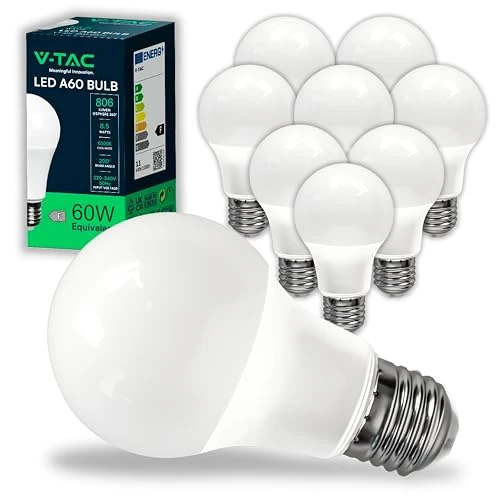 V-TAC 10x Lampadine LED di Nuova Generazione con Attacco E27 8,5W (Equivalenti a 60W) A60 - 806 Lumen - Massima Efficienza e Risparmio Energetico - 4000K Luce Bianca Naturale - "L'imballo può variare"