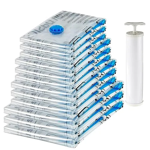 Amazon Basics Sacchetti sottovuoto con pompa a mano, Molteplici, confezione da 12 (3 jumbo, 3 grandi, 3 medi, 3 piccoli)