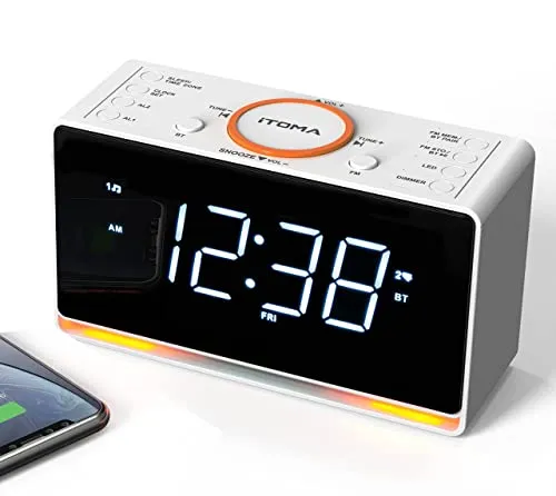 Radiosveglia, Orologio da 1,4" con Display a Led Bianco, Bluetooth, Radio FM, Doppia Sveglia, Timer di Spegnimento, Snooze, Dimmer Automatico e Manuale, Caricatore USB e Luce Notturna iTOMA CKS718