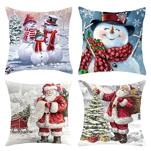 AcnA Natale Fodere per Cuscini,4 Pezzi Cuscini Caso Federa,Copricuscini Natalizi 45x45cm,Pupazzo di Neve Invernale Babbo Natalizie Divano Decorativi di Natale