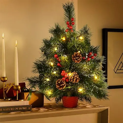 albero natale piccolo con luci,20 inch Mini albero di Natale artificiale preilluminato con luci a LED calde, ornamenti di pigne con bacche rosse per decorazioni natalizie per interni domestici