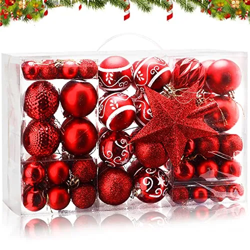 Amzeeniu Palline di Natale Set di 101Palle Albero di Natale Palline decorative Plastica Ornamenti Decorazione Regali Dell'albero Natale Infrangibili per Nozze Feste Decorazioni Albero di Natale rosso