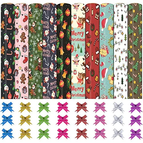 Foglio Di Imballaggio, Bst4u 20 Fogli Carta Da Imballaggio con Motivo Cappello Natale Ghirlanda Pupazzo di Neve, Nodi 20 Pz, Decorato Nastri Di Fiore Regali Come Regali Di Compleanno Natale Exqui