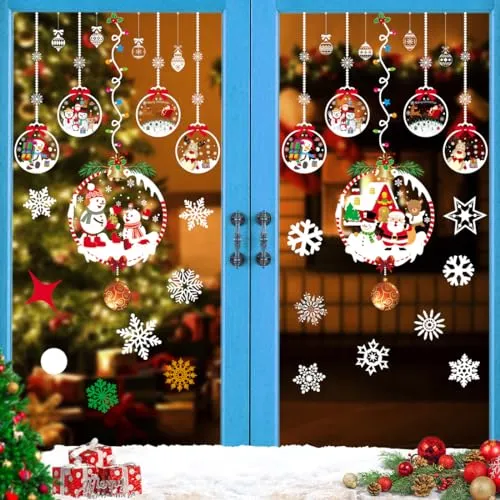Vetrofanie Natalizie per Finestre, Adesivi Finestra Natalizi Riutilizzabili Pupazzo di Neve Fiocco di Neve Babbo Natale Sticker Grandi, Decorazioni PVC Wallpaper Murali per Vetrine Negozio Vetro Porte