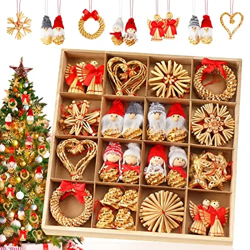 EYCLFY 52 Pezzi Stelle in Paglia Decorazioni Natalizie per Albero, Decori Albero Natale da Appendere Particolari, Addobbi Natalizi per Albero Angeli Paglia