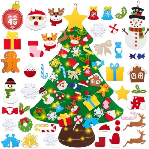 AOUVT Albero di Natale in Feltro per Bambini, Decorazione per Albero di Natale in Feltro Fai da te, Albero di Natale in Feltro con 40 Addobbi Rimovibili e 30 luci LED, Regali di Natale per Bambini