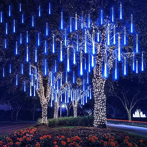 EEIEER Luci Della Pioggia di Meteore, 30cm 8Tubo 192 LED Meteor Luci Natale Luci, Impermeabili Meteor Shower Light per Festa di Nozze Decorazione All'aperto (blu)
