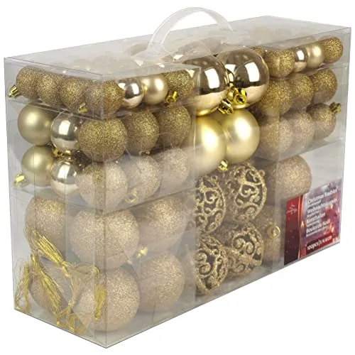 Regali di Natale Set di 100 palline di Natale - Decorazione - Infrangibile - Per interni ed esterni - Plastica - Ø3/4/6 cm - Opache, lucide, glitterate e aperte - Oro