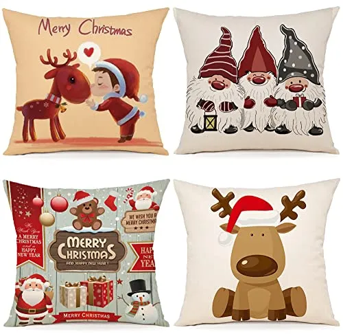 ZWJD Cuscini Natalizi per Divano 4 Pack Federe Cuscini Divano 40x40 Federe Cuscini Natalizi Cotone e Lino Biancheria Cuscini per Divano per Natale Decorazioni Casa