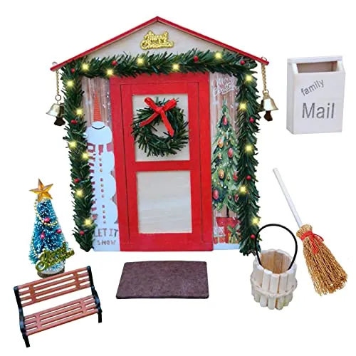 Porta Elfo Natale Kit Apribile, Porticina Elfo Natale Legno, Miniature Natalizie Fai Da Te Casa, Gnomi Porta Delle Accessori, Decorazioni Casa Natale Albero Legno Finestra Pupazzo Zerbino Lanterna (B)
