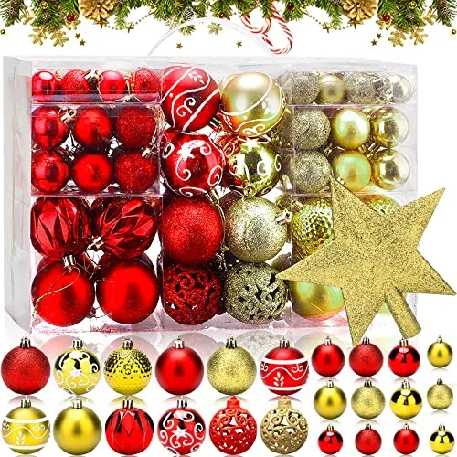 VIPNAJI Palline di Natale 101pz Palline Natalizie Decorazioni Albero di Natale Palla Palline decorative Rosso e Oro Con Cima dell'albero, Plastica decorazioni per albero di Natale Addobbi Feste Nozze