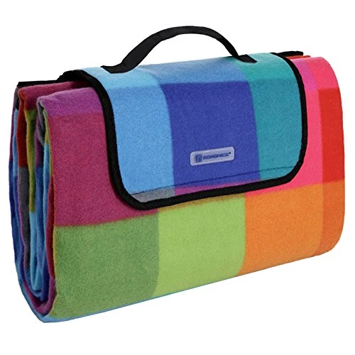 SONGMICS GCM61C, Coperta da Picnic, in Pile, Impermeabile Unisex-Adult, Quadrati Rossi + Blu, 195 x 150 cm