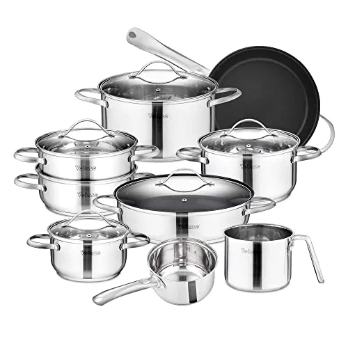 Velaze, Miki, 14 Pezzi, Set di Pentole Induzione da Cucina, Batteria Pentole Chef Casseruola in Acciaio Inox Cromato Coperchio in Vetro Temperato Padelle Antiaderente per Piastre a Induzione Argento